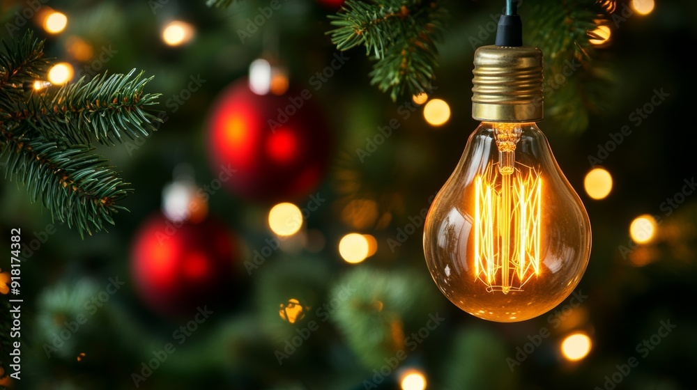 Wall mural Closeup of a vintage Christmas light bulb, glowing brightly on a decorated tree, surrounded by classic ornaments, isolated on a white background 