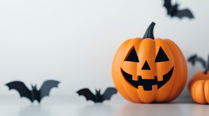 Fototapeta premium Closeup of a vintage-style jack-o'-lantern with a spooky face, surrounded by retro Halloween decorations like paper bats and witches, isolated on a white background 