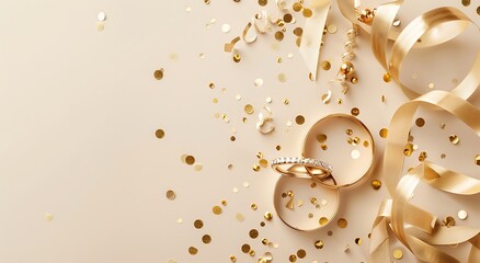 Fototapeta premium Two gold wedding rings with golden ribbons and confetti on a beige background