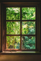 Obraz premium A window in a tranquil meditation room, with bamboo plants outside swaying gently in the breeze. 
