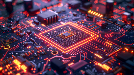 Obraz premium A macro image of a processor or a graphic card, technological device storing memory, hardware close-up, neon led lights