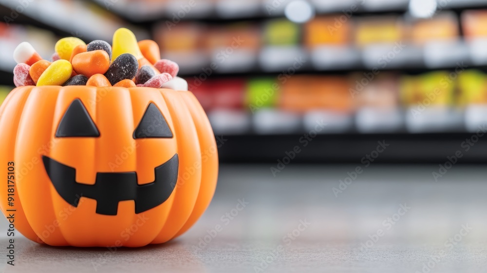 Sticker closeup of halloween candy packs in a supermarket, with a pumpkin-shaped candy bowl filled with asso