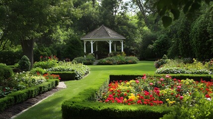74. A classic garden scene with neatly trimmed hedges, colorful flower beds, and a charming gazebo