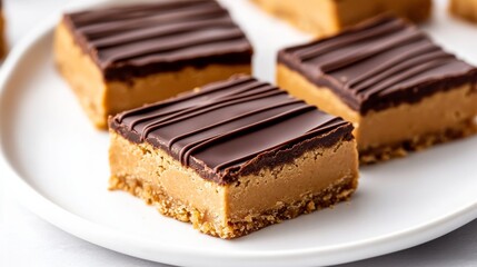 'Closeup of homemade peanut butter bars with a chocolate drizzle on a white plate, school lunch setting' 