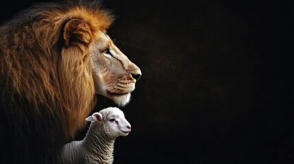 Fototapeta premium A contrasting profile of a lion and a lamb, both on a black background, highlighting themes of power and innocence.
