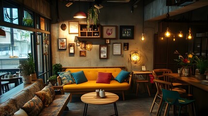 78. A cozy cafe scene with charming decor, warm lighting, and a welcoming atmosphere