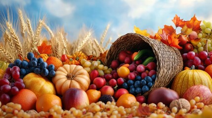 Cornucopia with a variety of colorful fruits, vegetables, and nuts, surrounded by golden wheat and fall foliage, wide angle, vibrant and detailed 