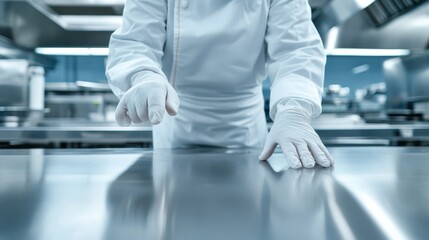 Detailed view of a chef disinfecting a stainless steel work surface, clean kitchen environment, emphasis on food safety and hygiene 