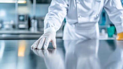 Detailed view of a chef disinfecting a stainless steel work surface, clean kitchen environment, emphasis on food safety and hygiene 