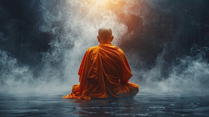Hyper-realistic image of a Buddhist monk in a serene meditation pose in nirvana. Mysterious atmosphere with a calm background exudes tranquility.