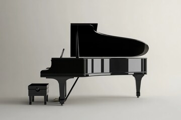 Black Grand Piano with Open Lid and Stool
