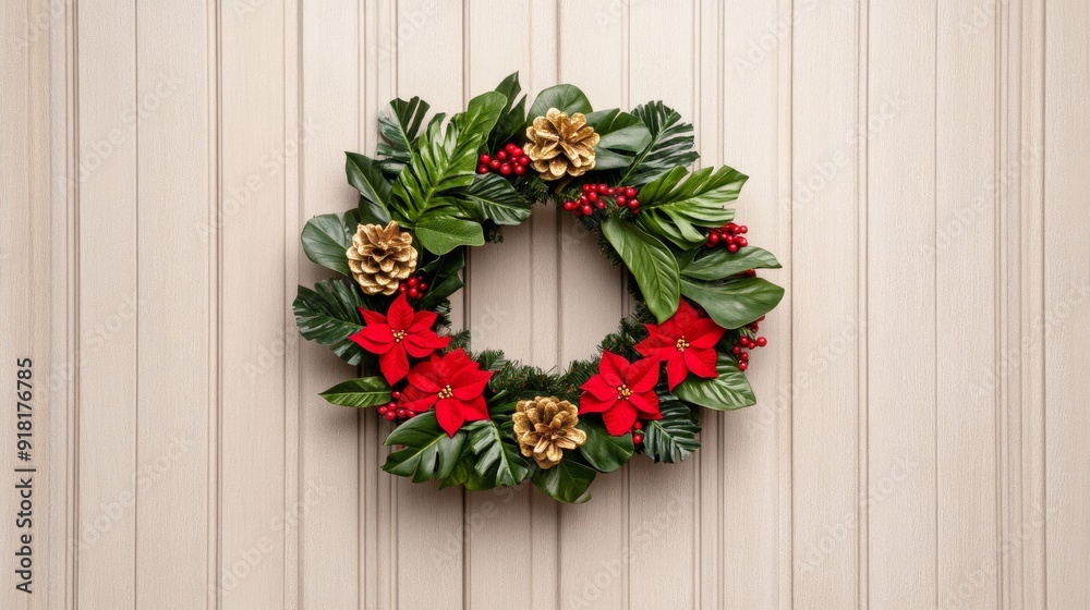 Sticker elegant Christmas wreath made of tropical leaves, flowers, and gold accents, hanging on a beach villa door 