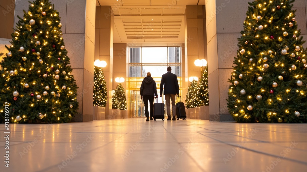 Wall mural elegant Christmas wreaths and lights adorning an airport entrance, travelers entering with luggage 