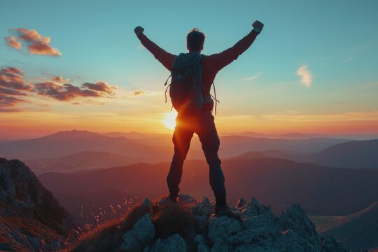 A young man standing on the peak of a mountain with both arms and fists raised, celebrating, the concept of achievement.