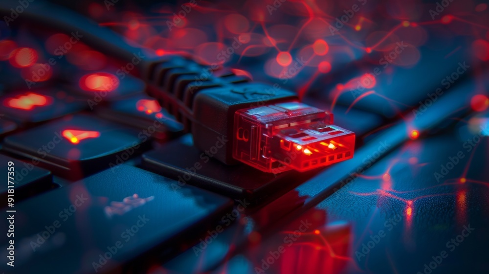 Poster a close-up image of a red ethernet cable plugged into a keyboard with vibrant lighting effects. the 