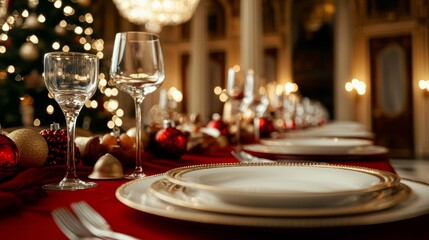 Elegant Victorian dining room set for Christmas dinner, ornate tableware, and a lavish feast, with a chandelier overhead, wide angle 