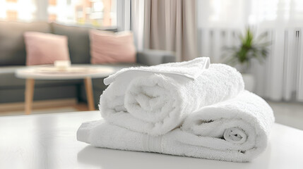  Roll up of white towels on white table with copy space,product mockup.