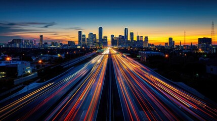 Evening Rush Hour Traffic on Urban Highway with City Skyline and Motion Blur of Headlights and Taillights