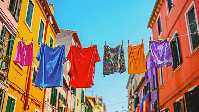 Colorful clothes drying on a clothesline in a narrow street with colorful buildings.