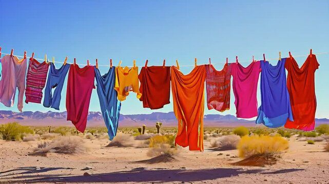 Colorful clothes drying on a clothesline in the desert.