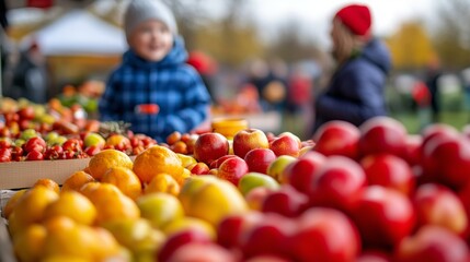 Families enjoying a day at a harvest market, with stalls selling fall produce, hot cider, and homemade treats 