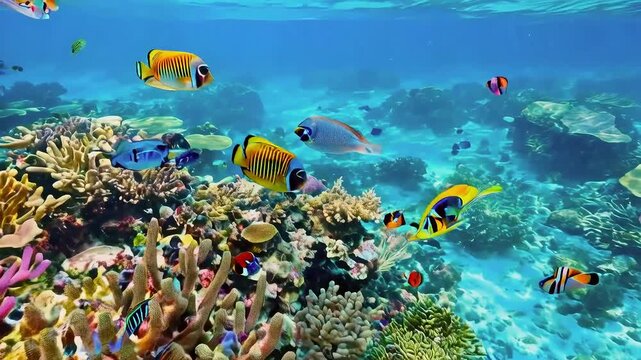 Colorful fish swim amongst vibrant coral reefs in a clear blue ocean.