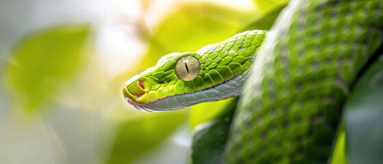Fototapeta premium Close-Up of Green Tree Snake on a Branch. Generative ai.