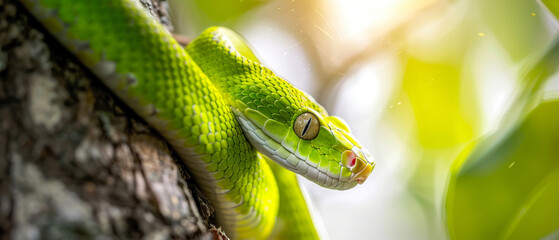 Obraz premium Close-Up of Green Tree Snake on a Branch. Generative ai.
