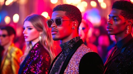 Fashion Week afterparty, designers, models, and audience mingling, chic venue with stylish decor, lively and celebratory mood 