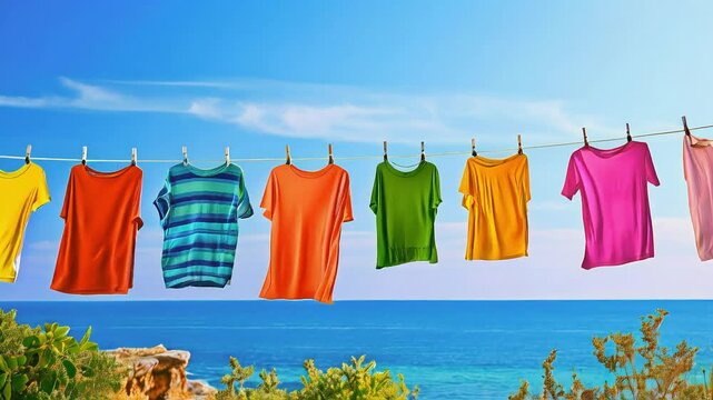 Colorful T-shirts drying on a clothesline against a blue sky and ocean.