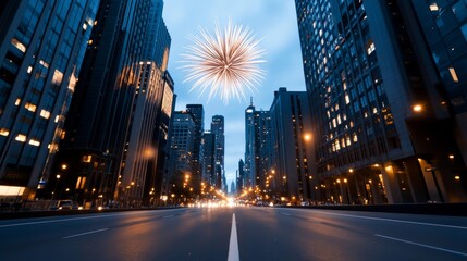 Fototapeta premium Fireworks over a festive cityscape, tall buildings with Christmas lights, bustling streets below, vibrant and celebratory, wide angle 