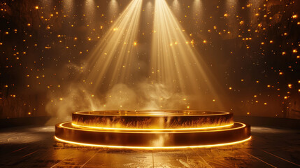 Luxury gold round podium winner ceremony abstract shiny background with light of spotlights, champion design, victory show product template studio, 3D platform, stage for award. Copy space.