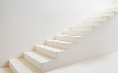 White stairs on white plastered wall. Background. White steps in stilish interior