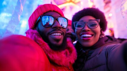 Friends taking a selfie in an ice bar, surrounded by ice sculptures and vibrant lights, festive and joyful atmosphere 