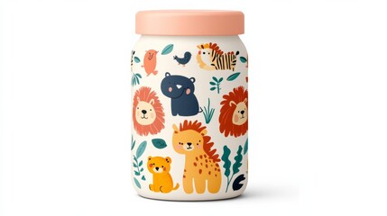 Obraz premium Fun baby food package design with a jungle theme, featuring cute animal illustrations, vibrant colors, and playful typography, isolated on a white background 