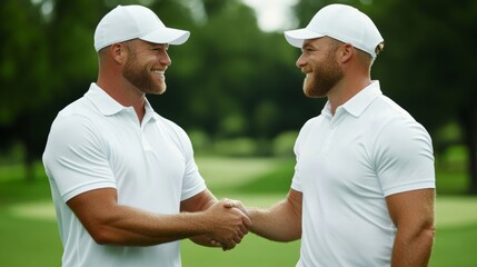 Golfers congratulating each other after the final round, camaraderie and sportsmanship in a golf cup competition, lush fairway setting 