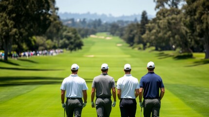 Fototapeta premium Golfers walking down the fairway, discussing strategy, spectators lined along the course, scenic background 