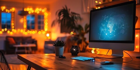 Technology Smart home with connected devices and digital icons Glowing house with symbolism	
