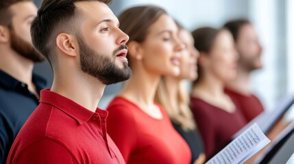Obraz premium Group of church singers rehearsing with a piano in a bright room, sheet music and casual attire, focused expressions, medium shot 
