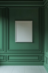 A green color empty room with a white frame on the wall 