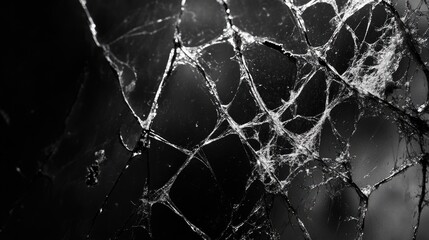 A fragmented glass surface with spiderweb-like cracks, captured in black and white, emphasizing the contrast and texture.