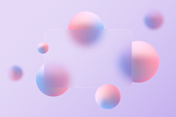 Glass morphism website landing page template. Frosted glass partition with spheres.