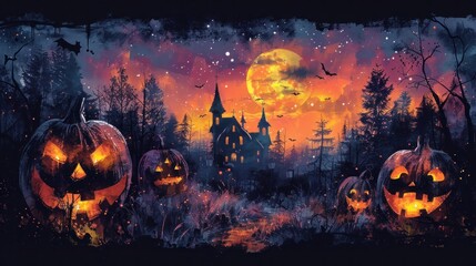 Halloween Graphic T-Shirt Design with Haunted House, Pumpkin Heads, and Violet Background