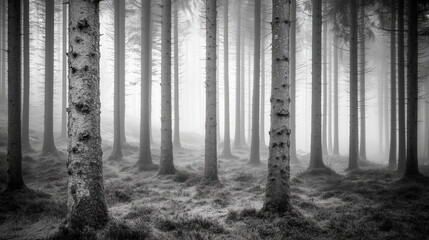 Naklejka premium black and white forest landscape, monochrome picture of forest background