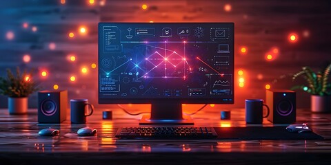 Obraz premium Technology Smart home with connected devices and digital icons Glowing house with symbolism 