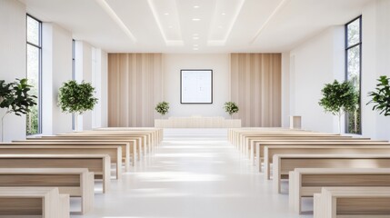 High-tech modern church with digital donation stations, large interactive screens, and minimalist design, bright and inviting interior 