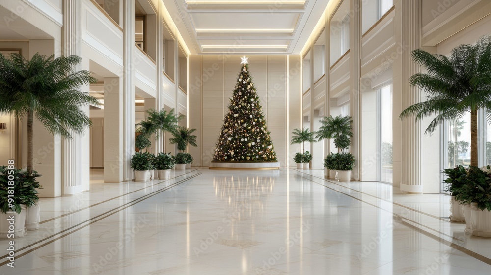 Sticker hotel lobby with a grand Christmas tree decorated with tropical flowers and elegant ornaments, festive and exotic ambiance 