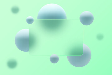 Landing page in Glass morphism style with rectangular frame. Vector illustration with blurred floating spheres.