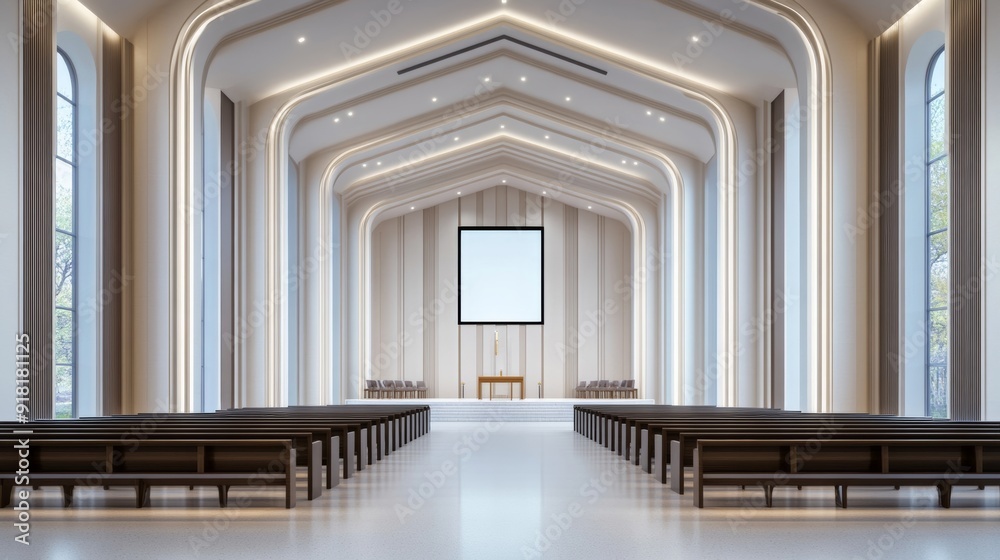 Poster Interior of a modern church with a digital control panel for lighting and sound, large LED screens for displaying sermons, minimalist and elegant decor 