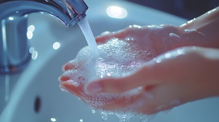 Fototapeta premium Bright, clean bathroom sink, hands cupping water and soap suds, chrome faucet, water droplets, hygiene, soft lighting, close-up shot, smooth surfaces, crystal clear water flow.